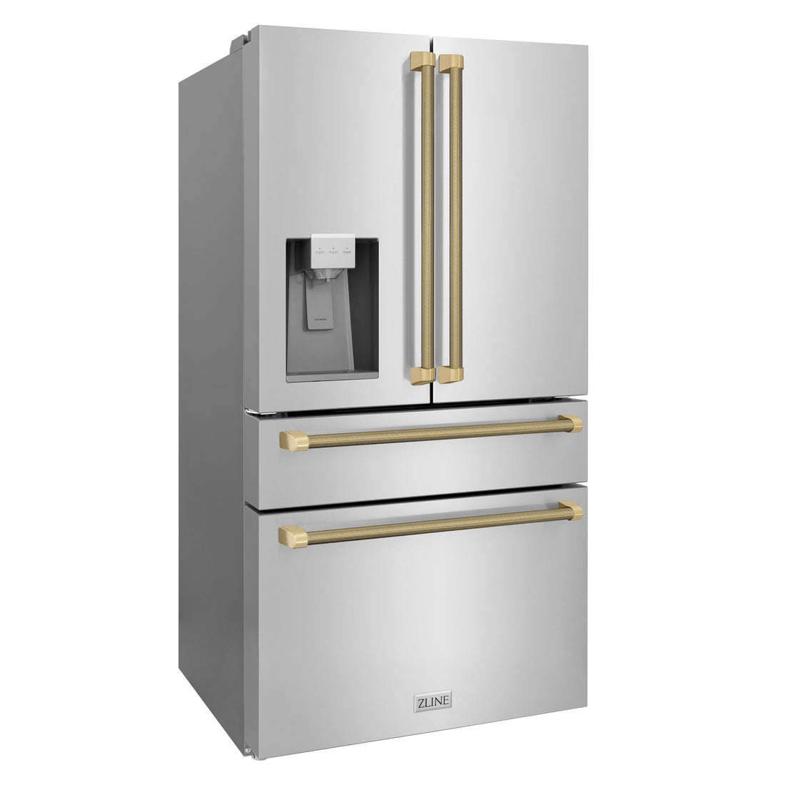 ZLINE 36 in. Counter-Depth French Door Refrigerator 21.6 cu. ft. Water and Ice Dispenser Fingerprint-Resistant Stainless Steel Champagne Bronze Helix Handles (RFMZ-W-36-KCB)