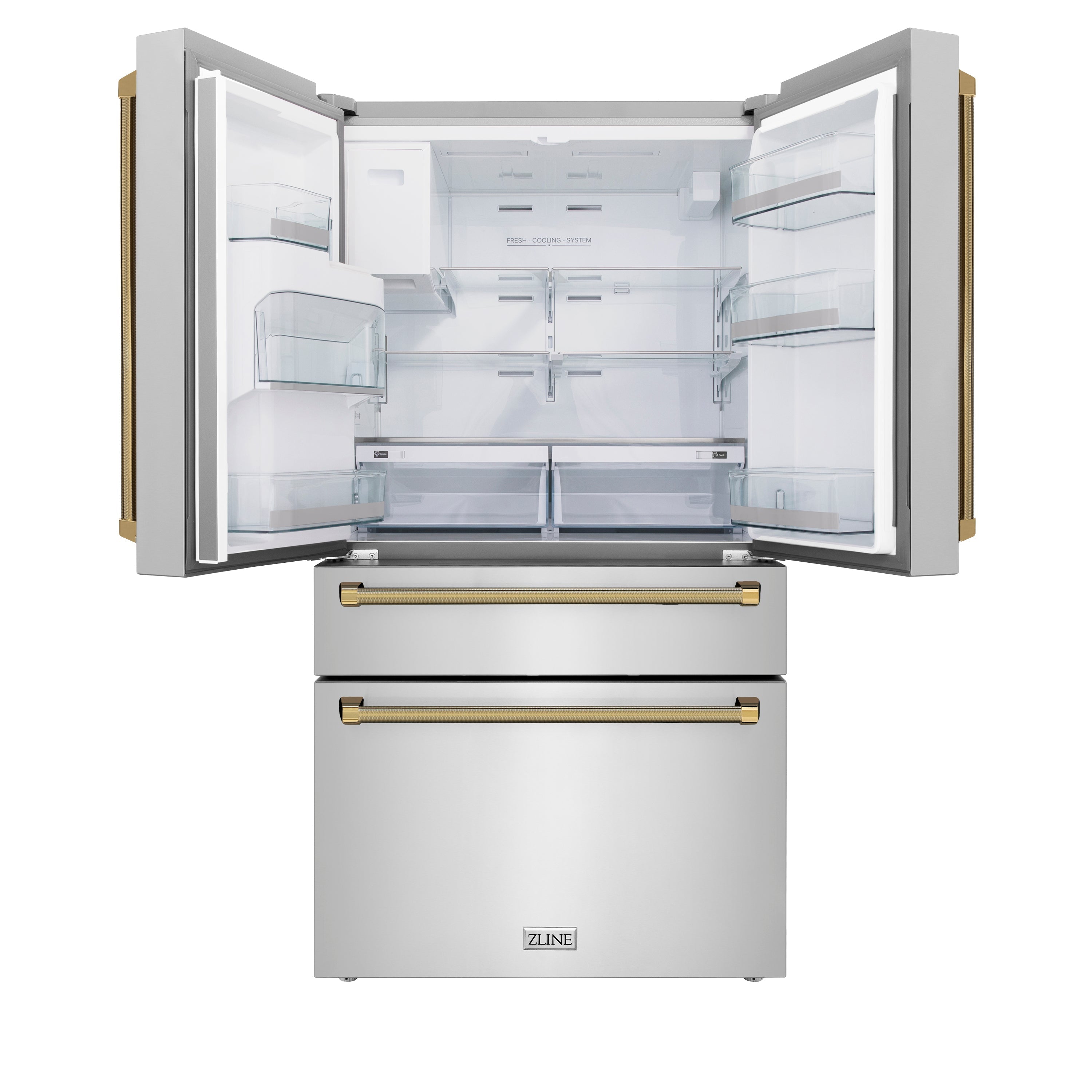 ZLINE 36 in. Counter-Depth French Door Refrigerator 21.6 cu. ft. Water and Ice Dispenser Fingerprint-Resistant Stainless Steel Polished Gold Helix Handles (RFMZ-W-36-KG)