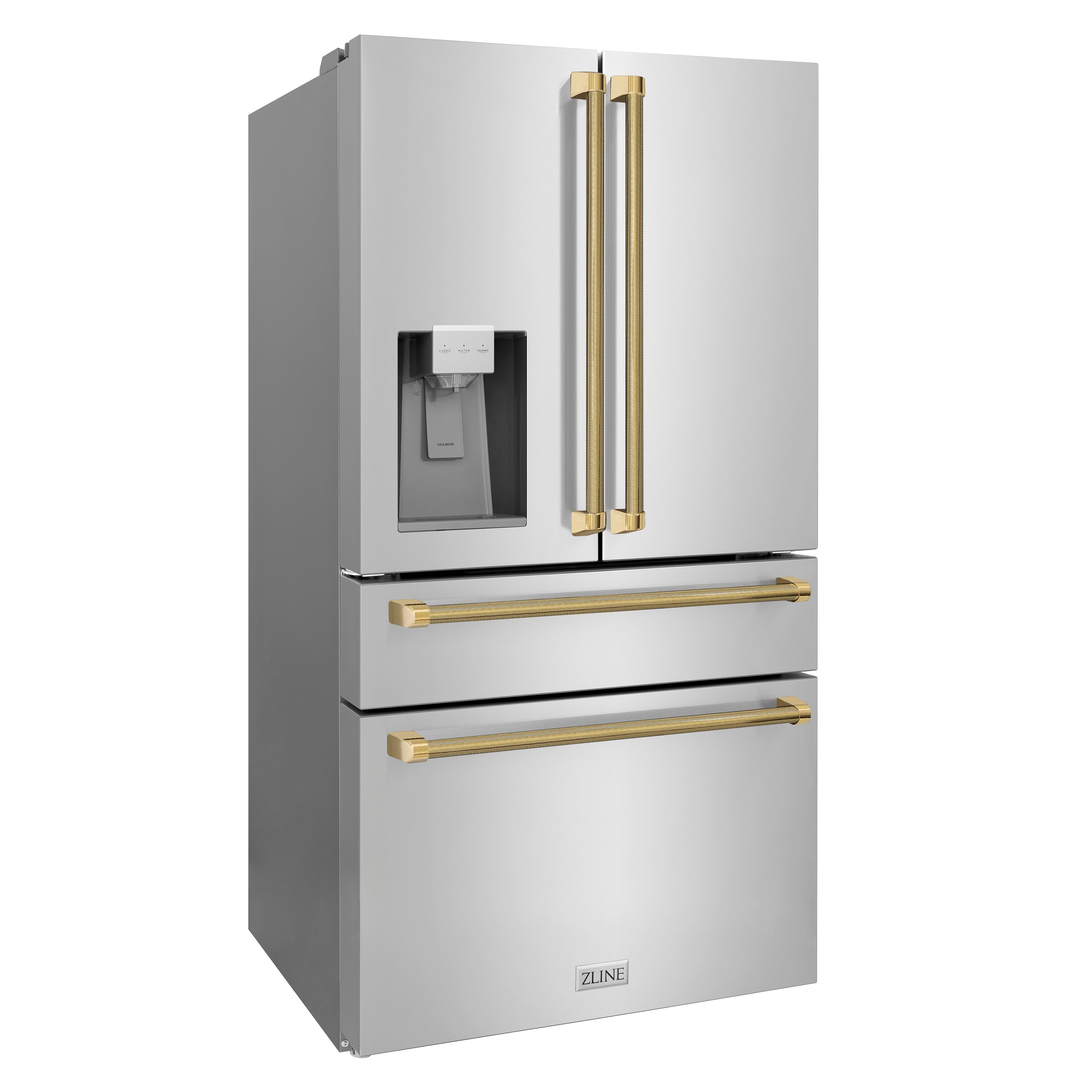 ZLINE 36 in. Counter-Depth French Door Refrigerator 21.6 cu. ft. Water and Ice Dispenser Fingerprint-Resistant Stainless Steel Polished Gold Helix Handles (RFMZ-W-36-KG)