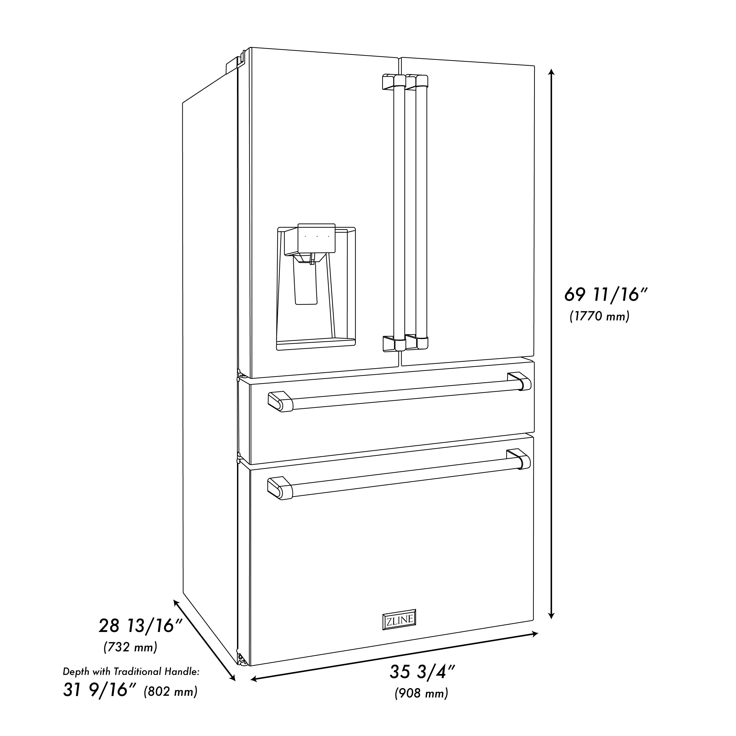ZLINE 36 in. Counter-Depth French Door Refrigerator 21.6 cu. ft. with Water Dispenser, Ice Maker, Fingerprint-Resistant Stainless Steel, Polished Nickel Helix Handles (RFMZ-W-36-KPN)