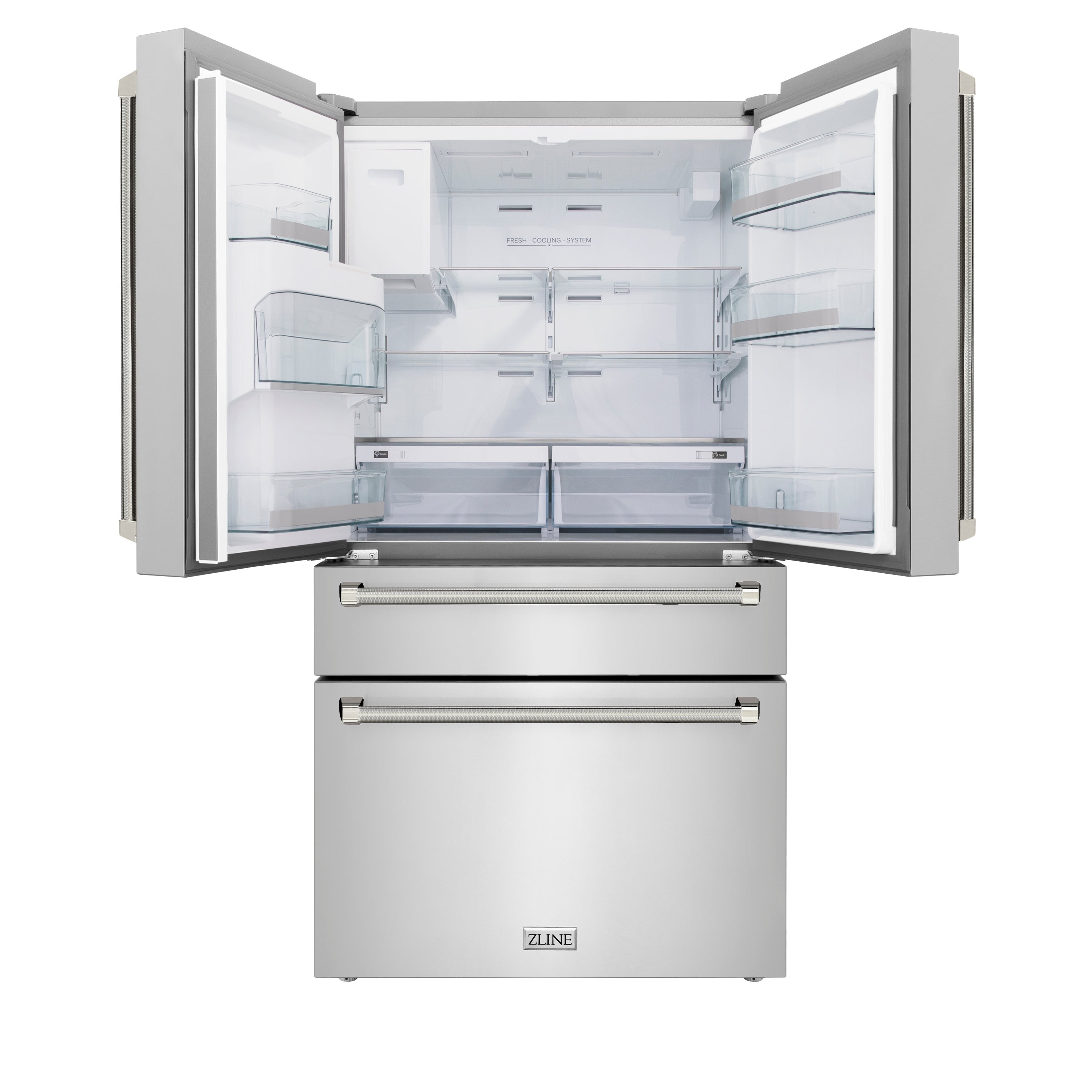 ZLINE 36 in. Counter-Depth French Door Refrigerator 21.6 cu. ft. with Water Dispenser, Ice Maker, Fingerprint-Resistant Stainless Steel, Polished Nickel Helix Handles (RFMZ-W-36-KPN)