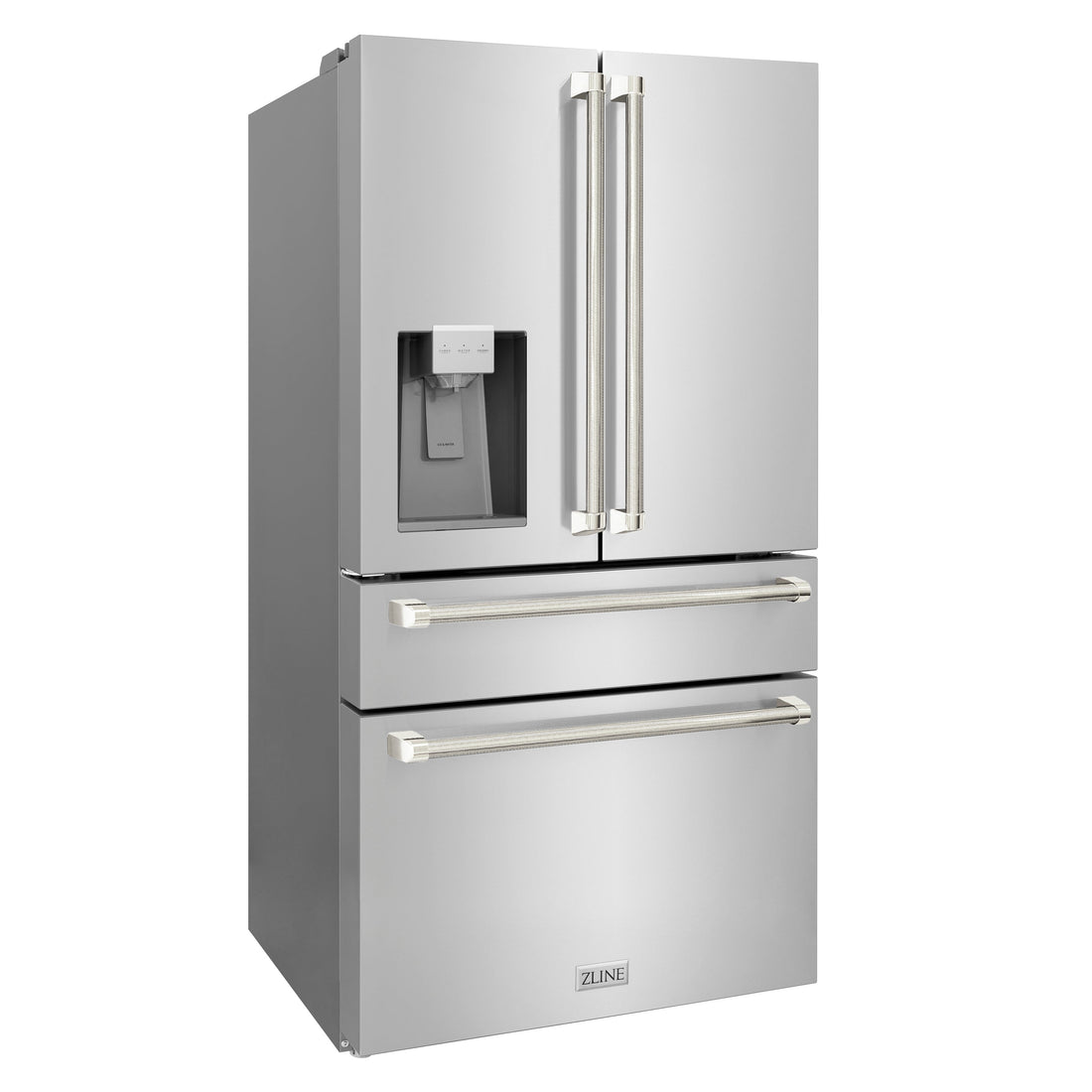 ZLINE 36 in. Counter-Depth French Door Refrigerator 21.6 cu. ft. with Water Dispenser, Ice Maker, Fingerprint-Resistant Stainless Steel, Polished Nickel Helix Handles (RFMZ-W-36-KPN)