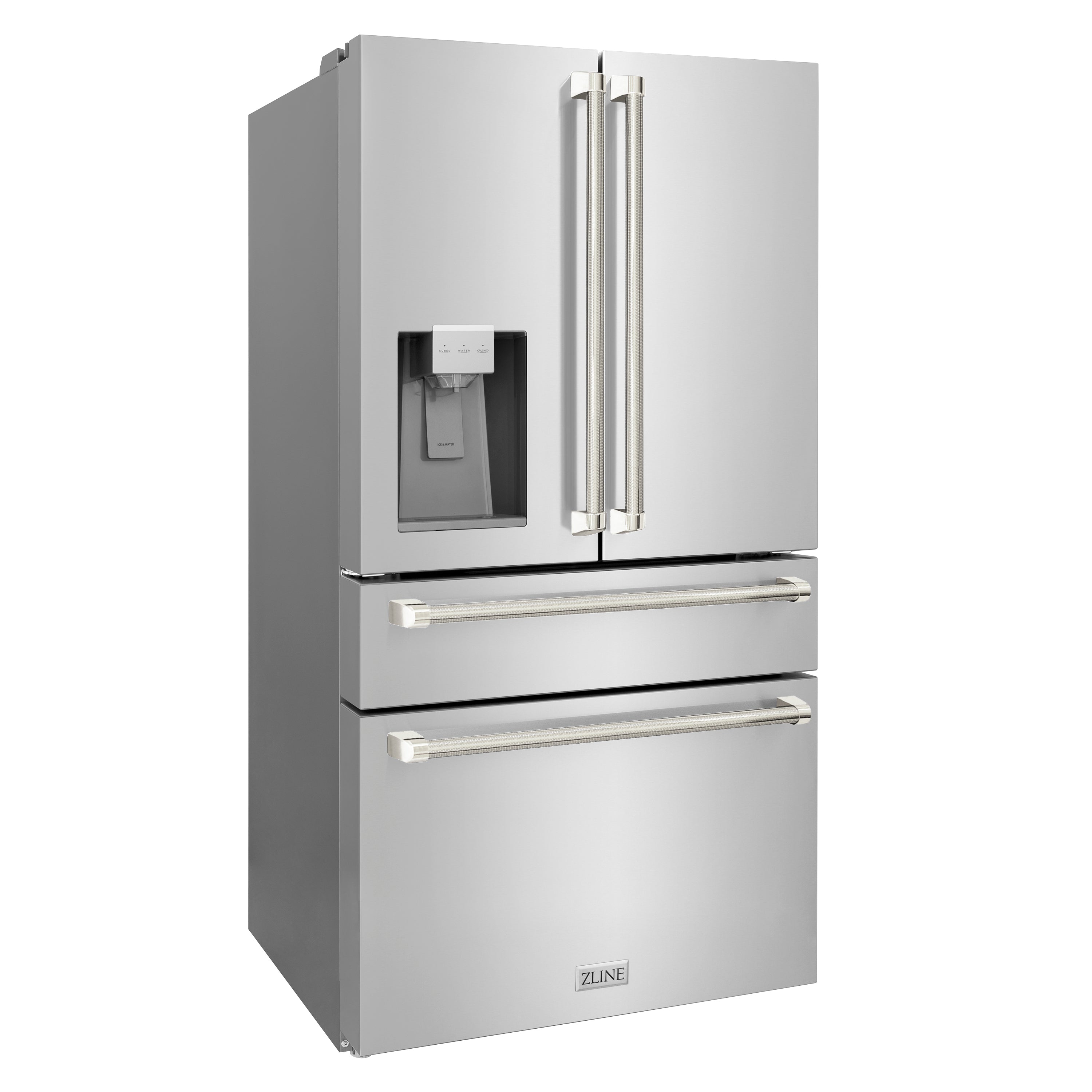 ZLINE 36 in. Counter-Depth French Door Refrigerator 21.6 cu. ft. with Water Dispenser, Ice Maker, Fingerprint-Resistant Stainless Steel, Polished Nickel Helix Handles (RFMZ-W-36-KPN)