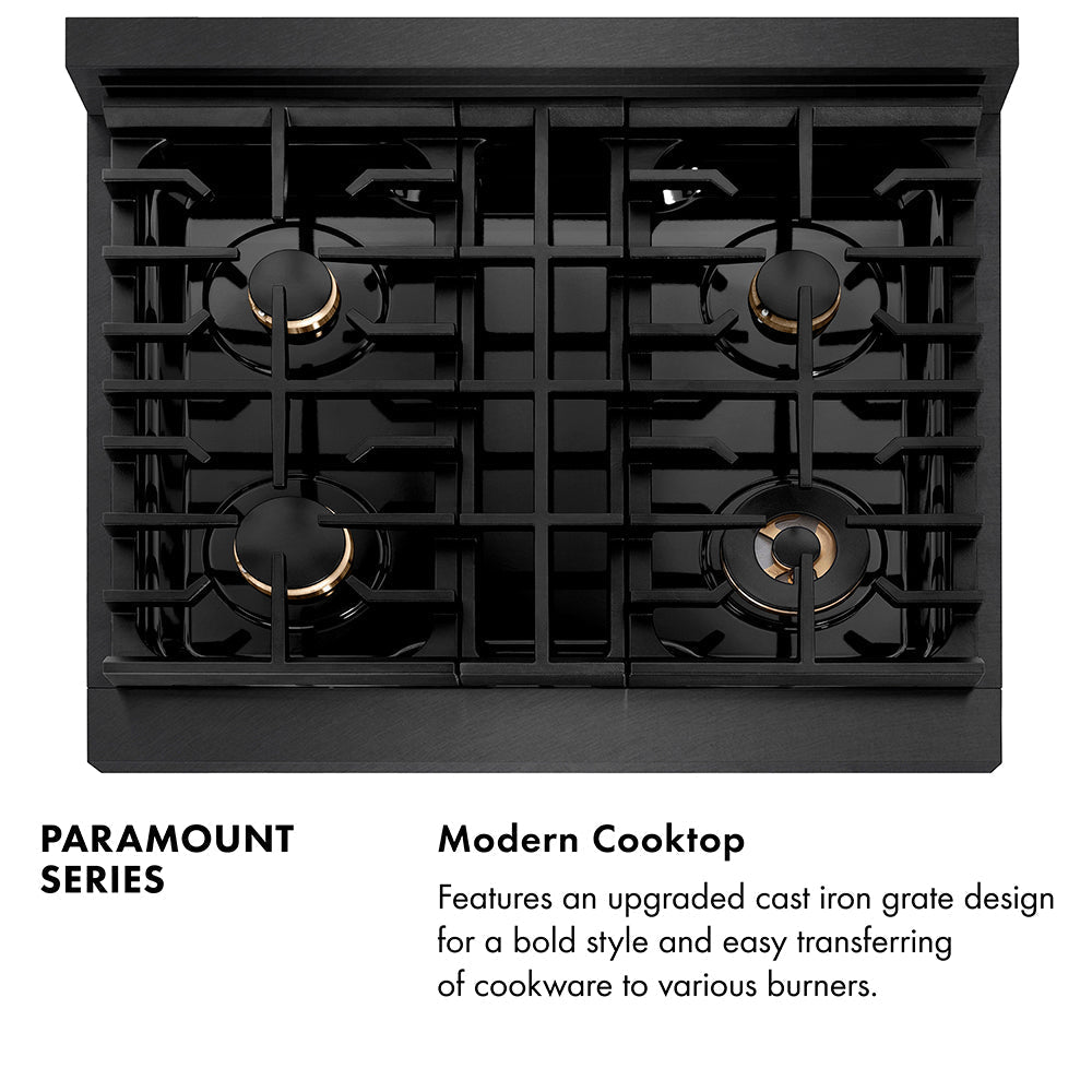 ZLINE 30 in. Dual Fuel Range 4.2 cu. ft. 4 Burner Gas Cooktop Black Satin Stainless Steel with Gold Accents (SDRBSZ-30-G)