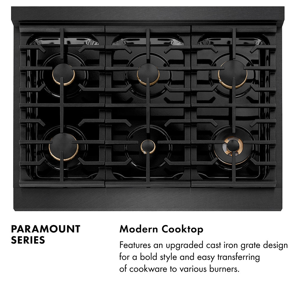 ZLINE 36 in. Dual Fuel Range 5.2 cu. ft. 6 Burner Gas Cooktop Black Satin Stainless Steel Gold Accents (SDRBSZ-36-G)