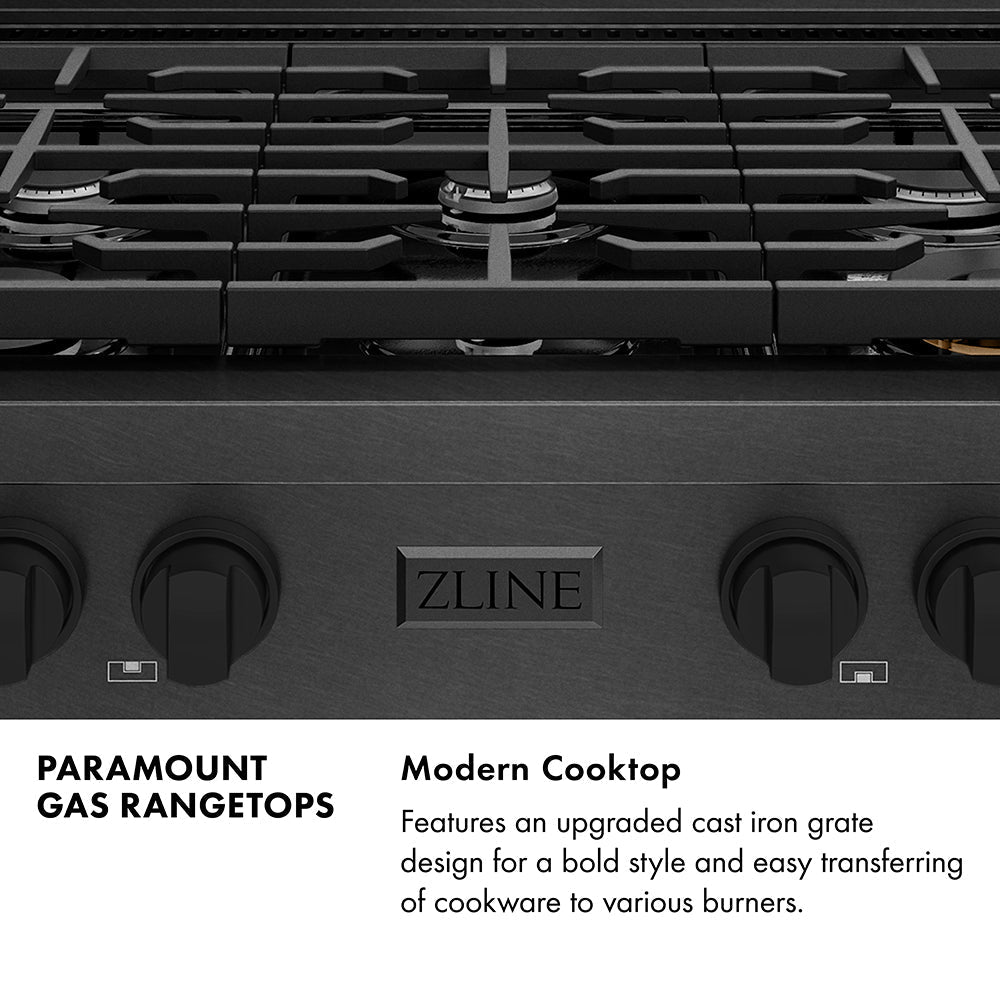 ZLINE 36" Paramount Gas Rangetop with 6 Burners and Porcelain Cooktop in Black Satin Stainless Steel, SRTBS-36