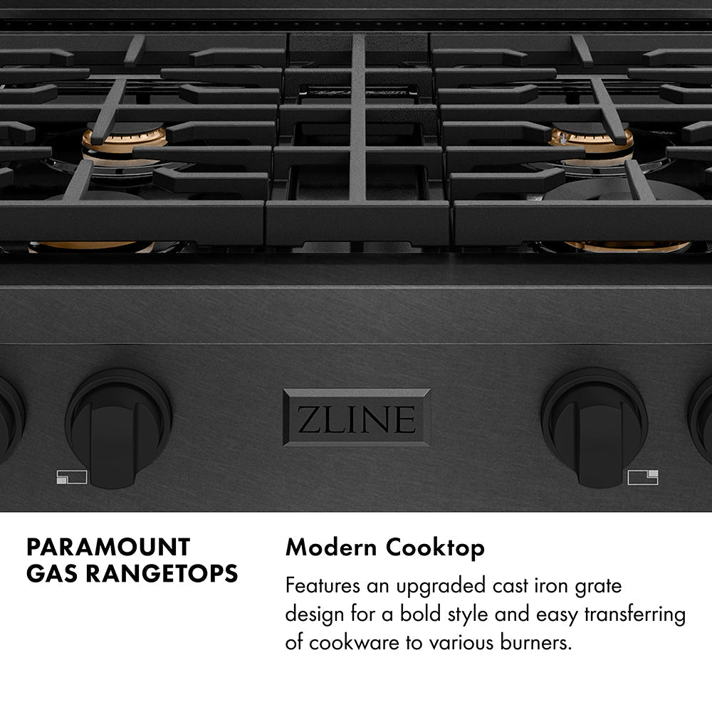 ZLINE 30" Paramount Gas Rangetop with 4 Brass Burners and Porcelain Cooktop in Black Satin Stainless Steel, SRTBS-BR-30
