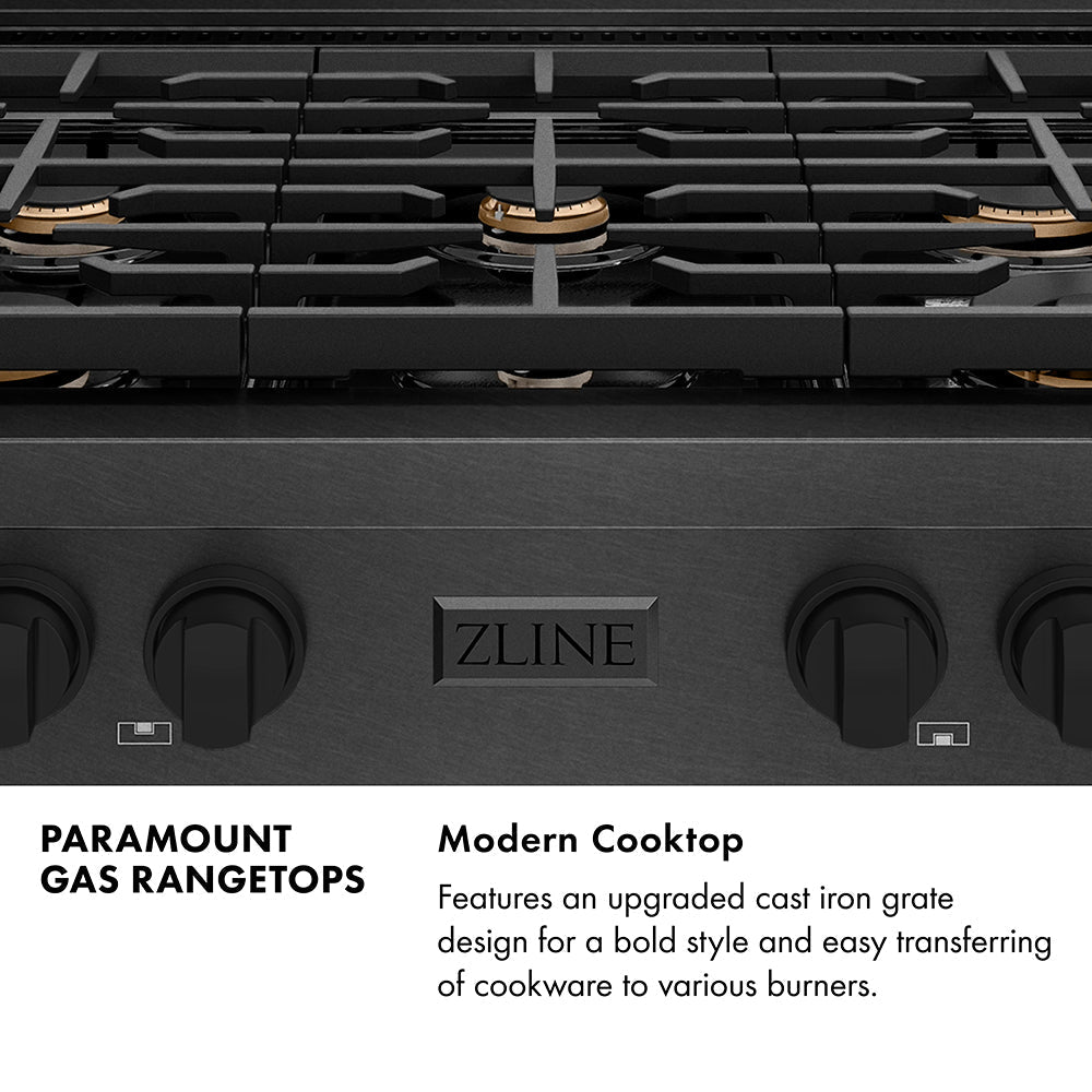 ZLINE 36" Paramount Gas Rangetop with 6 Brass Burners and Porcelain Cooktop in Black Satin Stainless Steel, SRTBS-BR-36