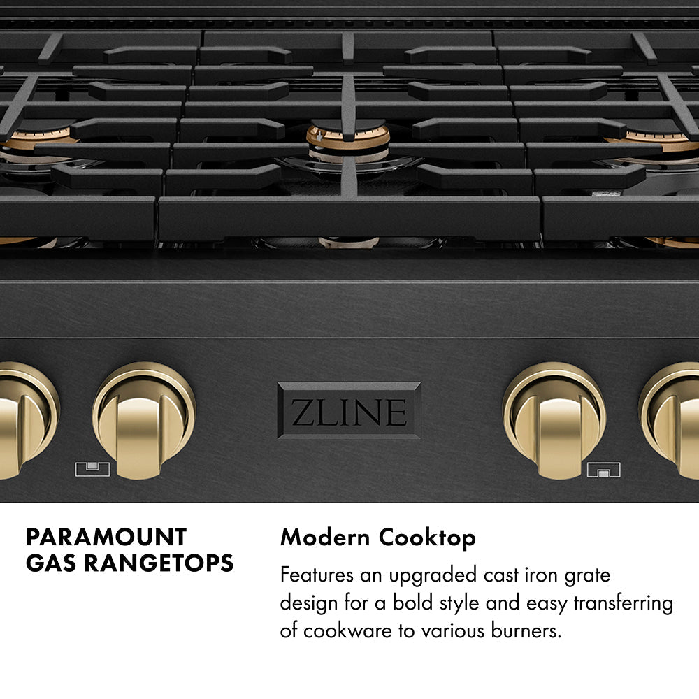 ZLINE Autograph 36" Paramount Gas Rangetop with 6 Burners and Porcelain Cooktop in Black Satin with Champagne Accents, SRTBSZ-36-CB