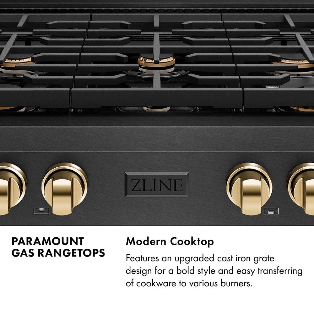 ZLINE Autograph 36" Paramount Gas Rangetop with 6 Burners and Porcelain Cooktop in Black Satin with Polished Gold Accents, SRTBSZ-36-G
