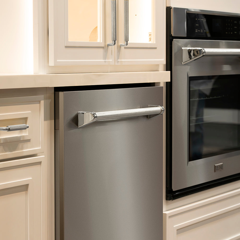 ZLINE Autograph 24-Inch Monument Series Tall Tub Dishwasher with 3rd Rack, Top Touch Controls, Stainless Steel, Polished Nickel Helix Handle, 45 dBA (DWMTZ-30424-KPN)