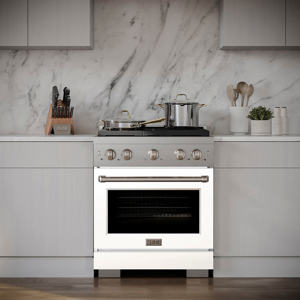 ZLINE 30 in. Dual Fuel Range – 4.2 cu. ft. Capacity – 4 Burner DuoPro™ Cooktop, Electric Convection Oven, White Matte Door (PSDR-WM-30)