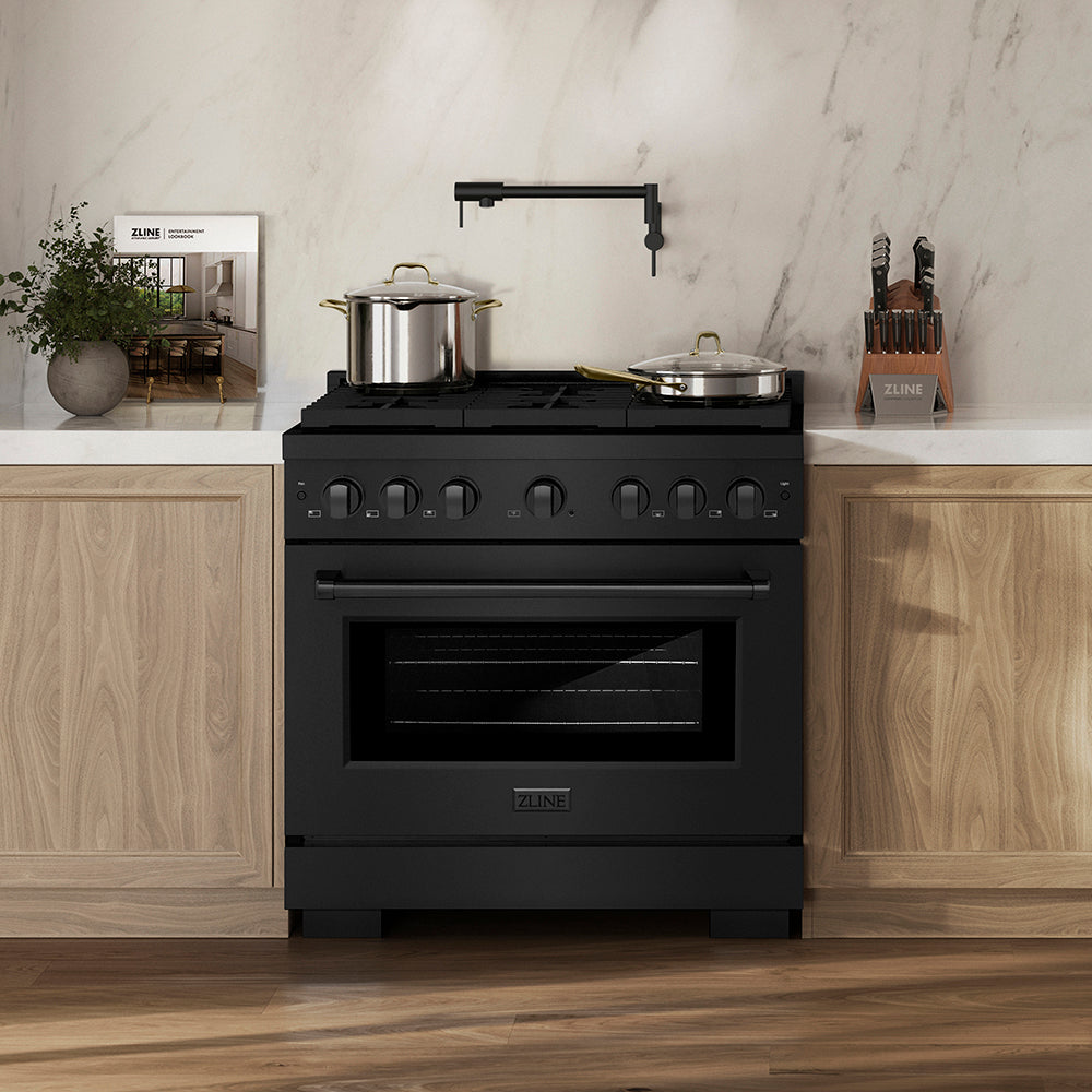 ZLINE 36 in. Gas Range 5.2 cu. ft. Black Stainless Steel 6 Burner DuoPro™ Cooktop Convection Gas Oven (PSGRB-36)