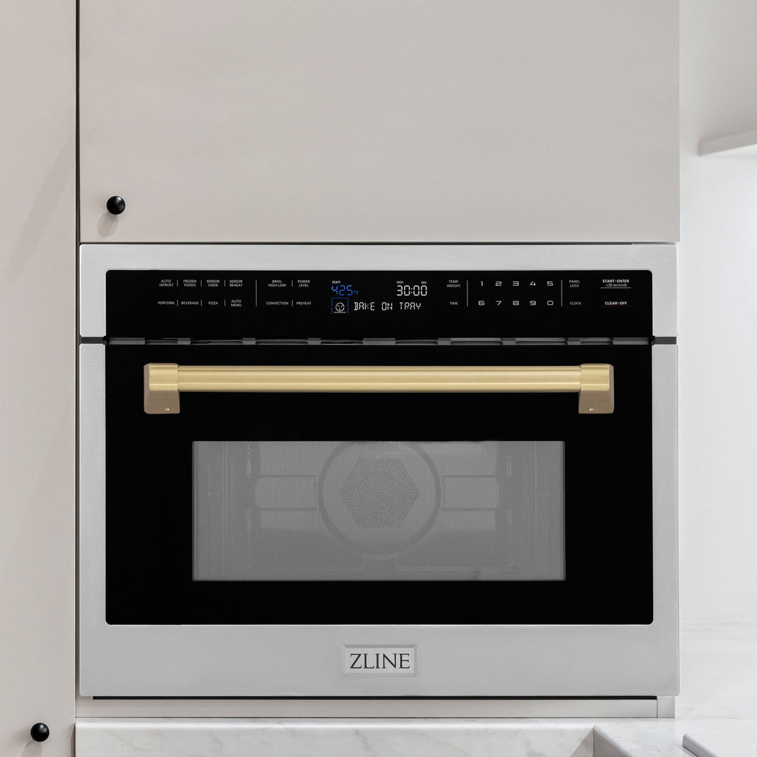 ZLINE Autograph 24" 1.6 cu ft. Built-in Convection Microwave Oven in Satin Stainless Steel with Champagne Bronze Accents, MWOZ-24-SS-CB
