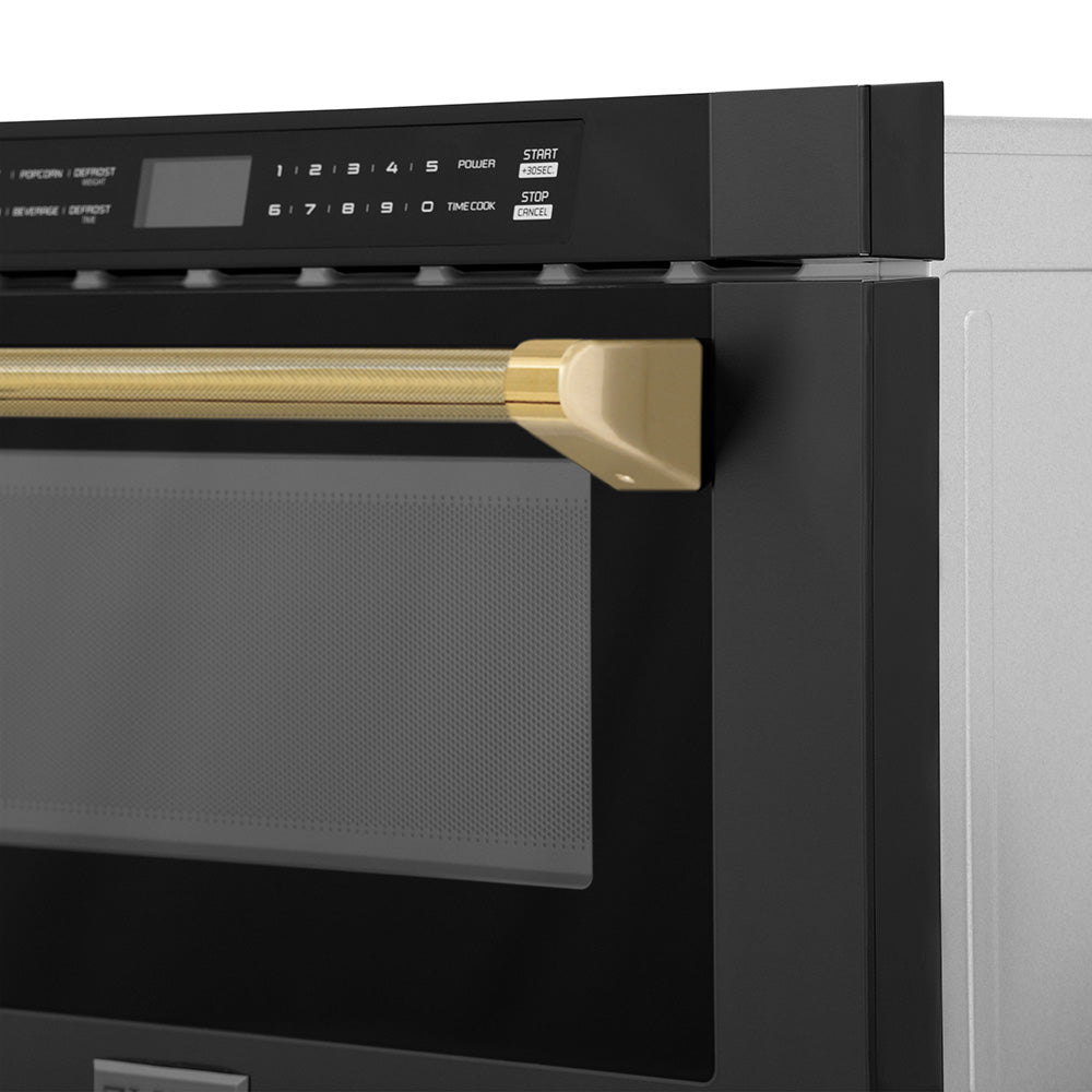 ZLINE Autograph 24" 1.2 cu. ft. Built-in Microwave Drawer in Black Stainless Steel and Polished Gold Helix Handle, MWDZ-1-BS-H-KG