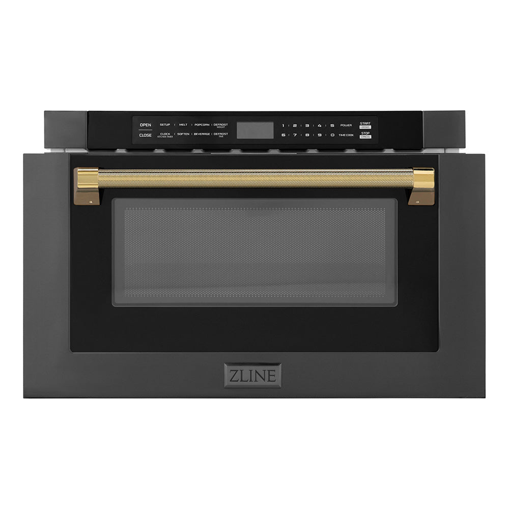 ZLINE Autograph 24" 1.2 cu. ft. Built-in Microwave Drawer in Black Stainless Steel and Polished Gold Helix Handle, MWDZ-1-BS-H-KG