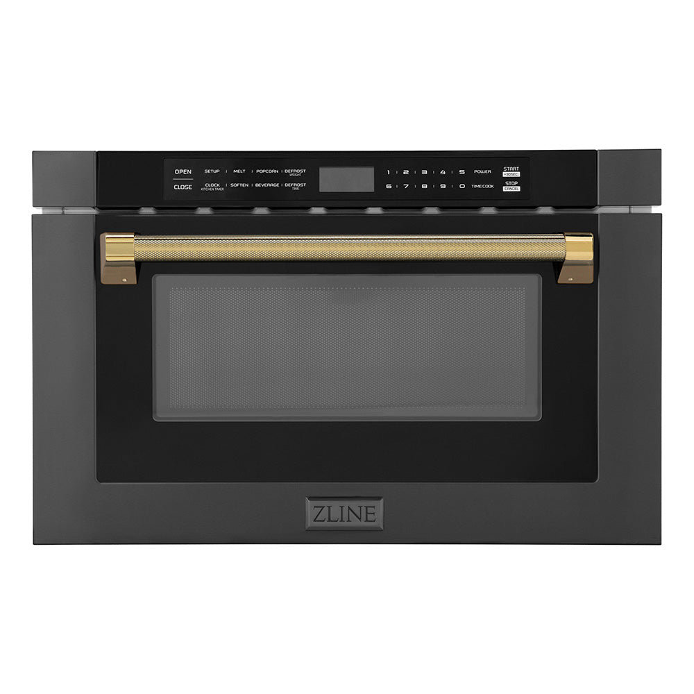 ZLINE Autograph 24" 1.2 cu. ft. Built-in Microwave Drawer in Black Stainless Steel and Polished Gold Helix Handle, MWDZ-1-BS-H-KG