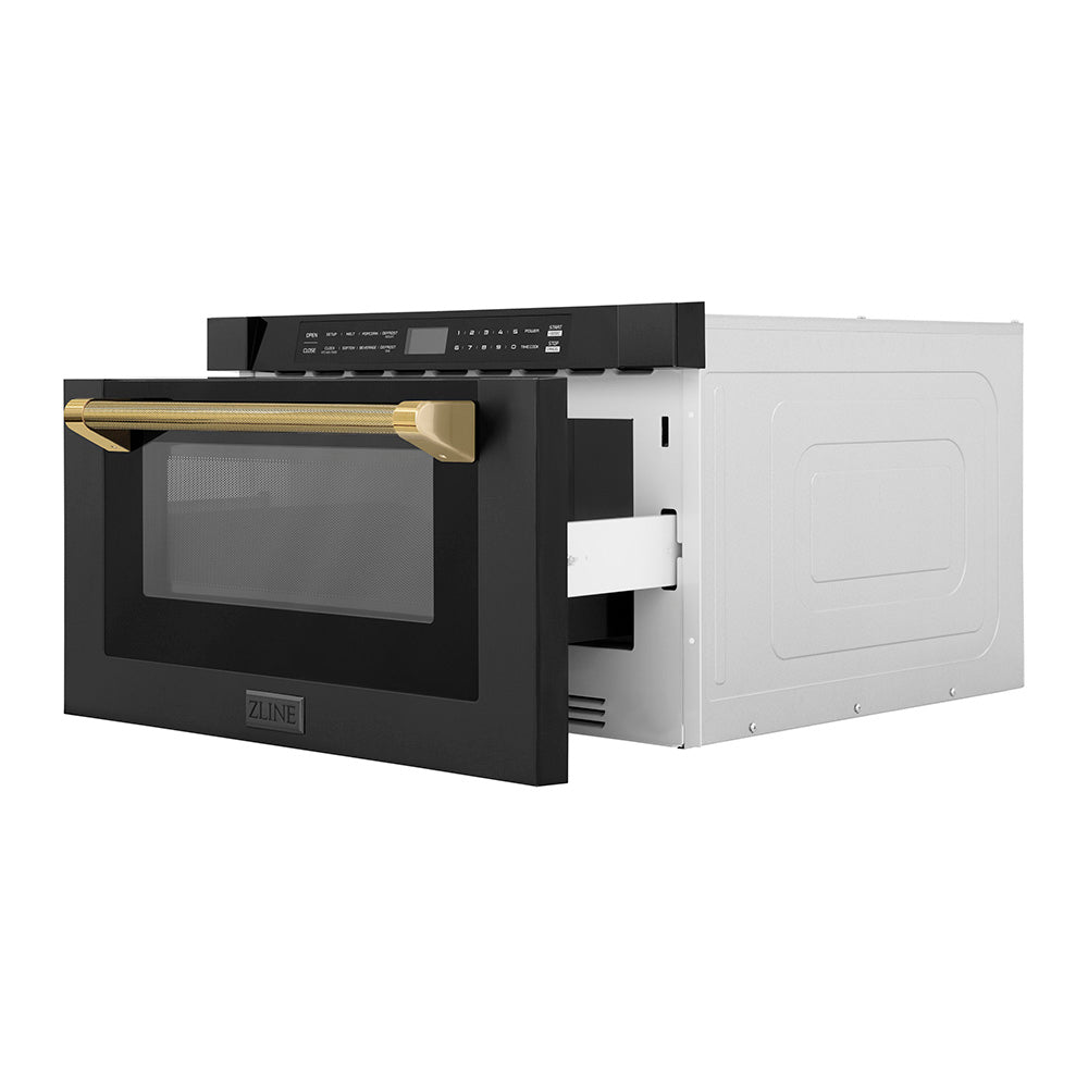 ZLINE Autograph 24" 1.2 cu. ft. Built-in Microwave Drawer in Black Stainless Steel and Polished Gold Helix Handle, MWDZ-1-BS-H-KG