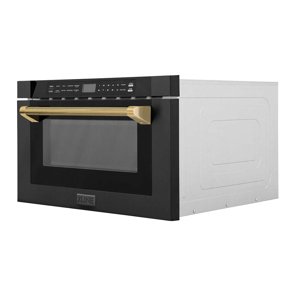 ZLINE Autograph 24" 1.2 cu. ft. Built-in Microwave Drawer in Black Stainless Steel and Polished Gold Helix Handle, MWDZ-1-BS-H-KG