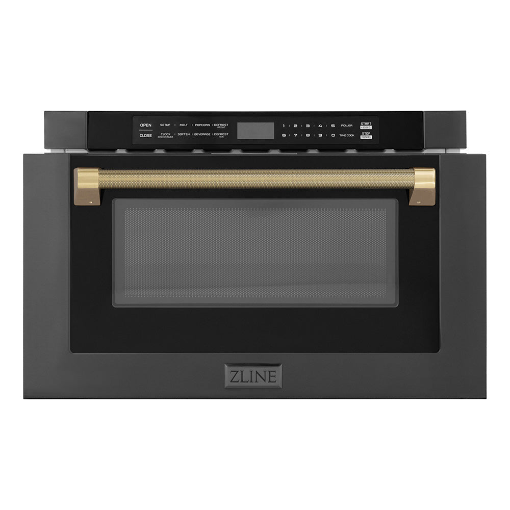 ZLINE Autograph 24" 1.2 cu. ft. Built-in Microwave Drawer in Black Stainless Steel and Champagne Bronze Helix Handle, MWDZ-1-BS-H-KCB