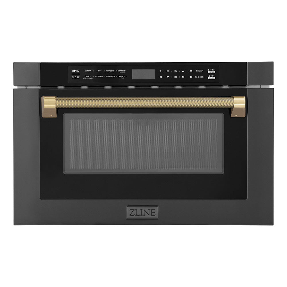 ZLINE Autograph 24" 1.2 cu. ft. Built-in Microwave Drawer in Black Stainless Steel and Champagne Bronze Helix Handle, MWDZ-1-BS-H-KCB
