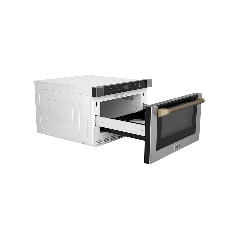 ZLINE Autograph 24" 1.2 cu. ft. Built-in Microwave Drawer in Stainless Steel and Champagne Bronze Helix Handle, MWDZ-1-H-KCB