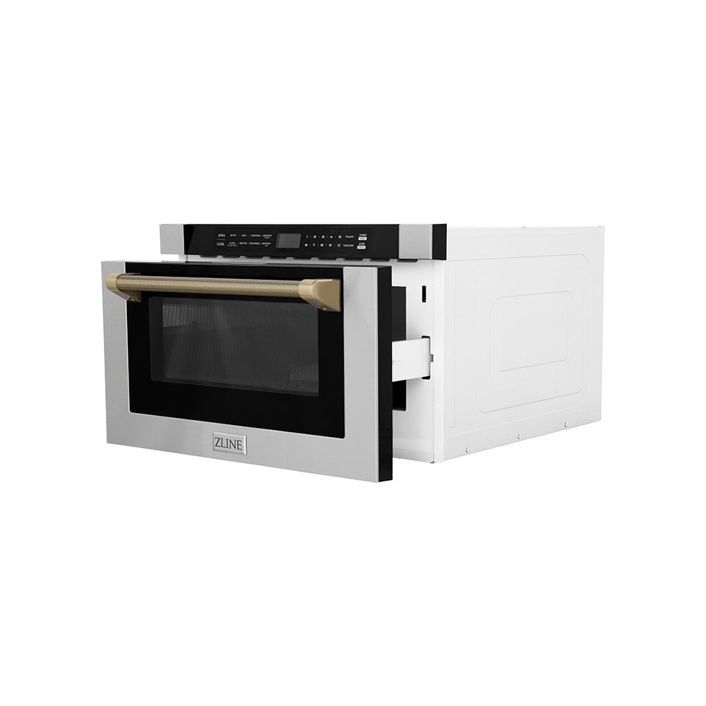 ZLINE Autograph 24" 1.2 cu. ft. Built-in Microwave Drawer in Stainless Steel and Champagne Bronze Helix Handle, MWDZ-1-H-KCB