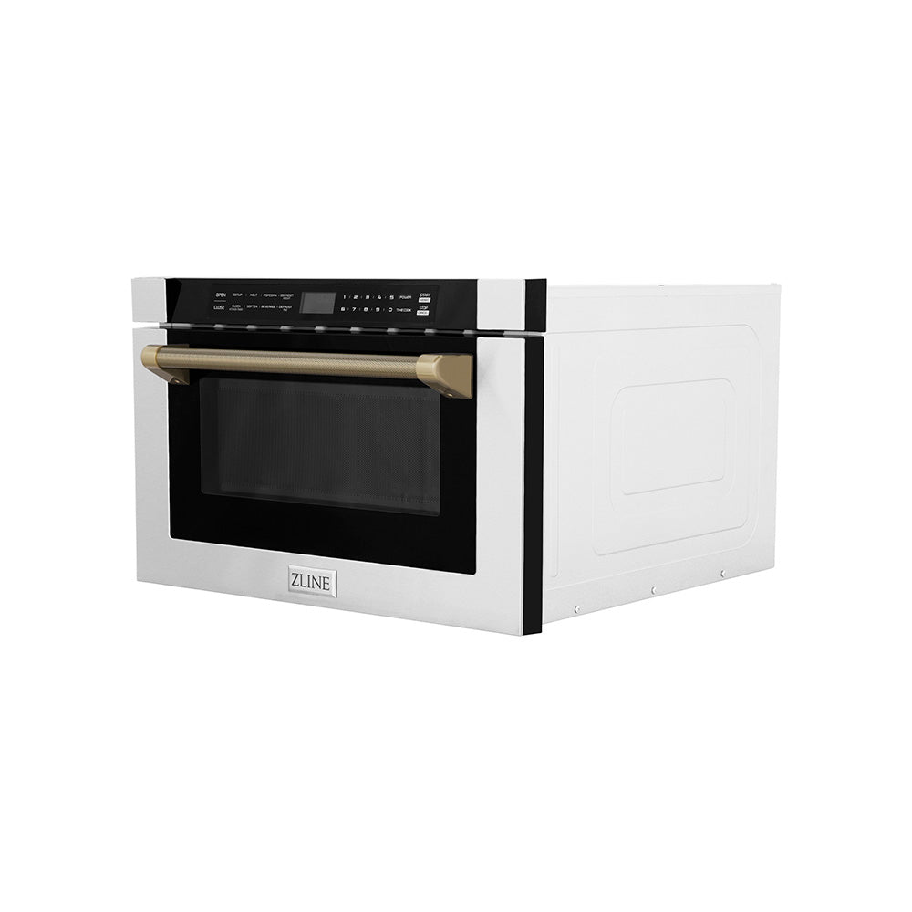 ZLINE Autograph 24" 1.2 cu. ft. Built-in Microwave Drawer in Stainless Steel and Champagne Bronze Helix Handle, MWDZ-1-H-KCB