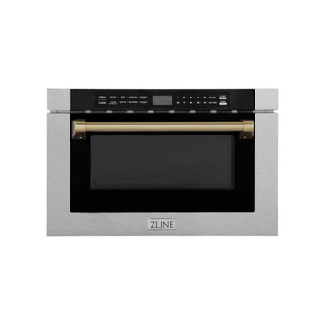 ZLINE Autograph 24" 1.2 cu. ft. Built-in Microwave Drawer with a Traditional Handle in Satin Stainless Steel and Champagne Bronze Accents, MWDZ-1-SS-H-CB