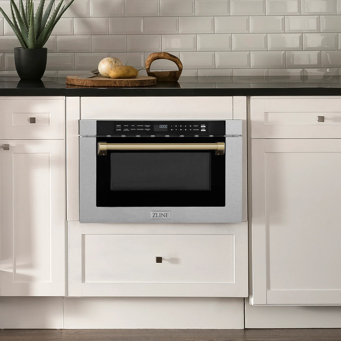 ZLINE Autograph 24" 1.2 cu. ft. Built-in Microwave Drawer with a Traditional Handle in Satin Stainless Steel and Champagne Bronze Accents, MWDZ-1-SS-H-CB