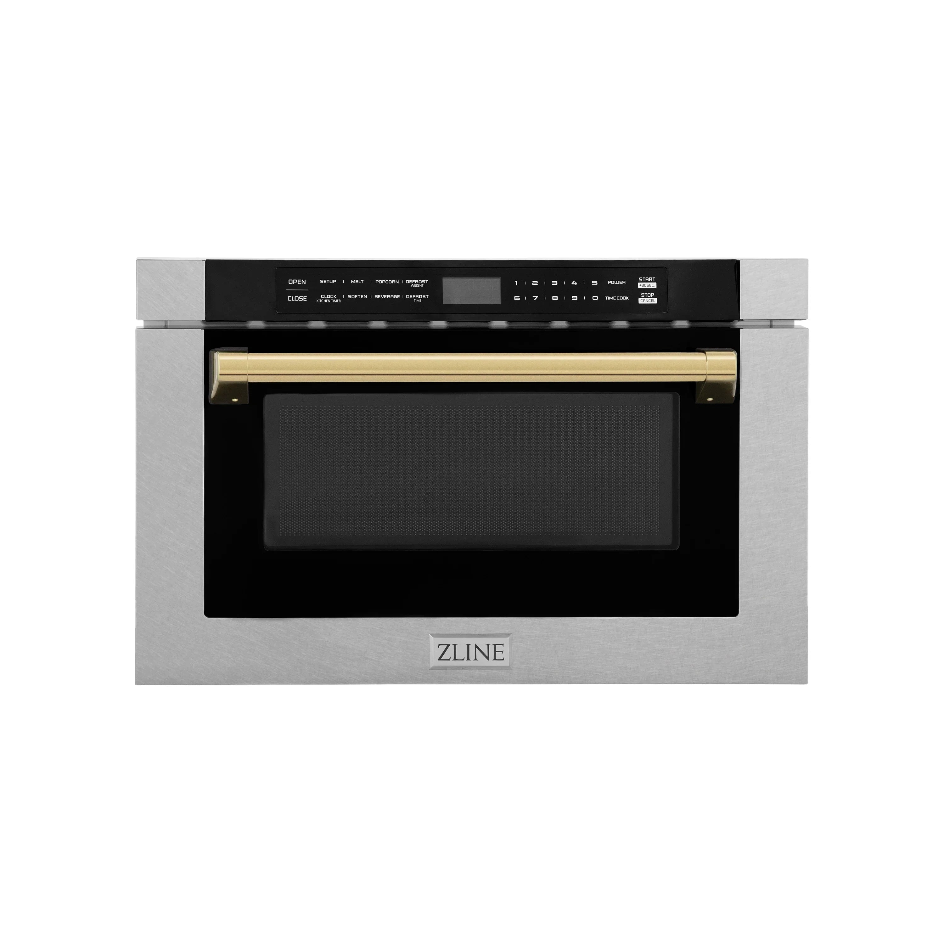 ZLINE Autograph 24" 1.2 cu. ft. Built-in Microwave Drawer with a Traditional Handle in Satin Stainless Steel and Polished Gold Accents, MWDZ-1-SS-H-G