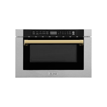 ZLINE Autograph 24" 1.2 cu. ft. Built-in Microwave Drawer with a Traditional Handle in Satin Stainless Steel and Polished Gold Accents, MWDZ-1-SS-H-G