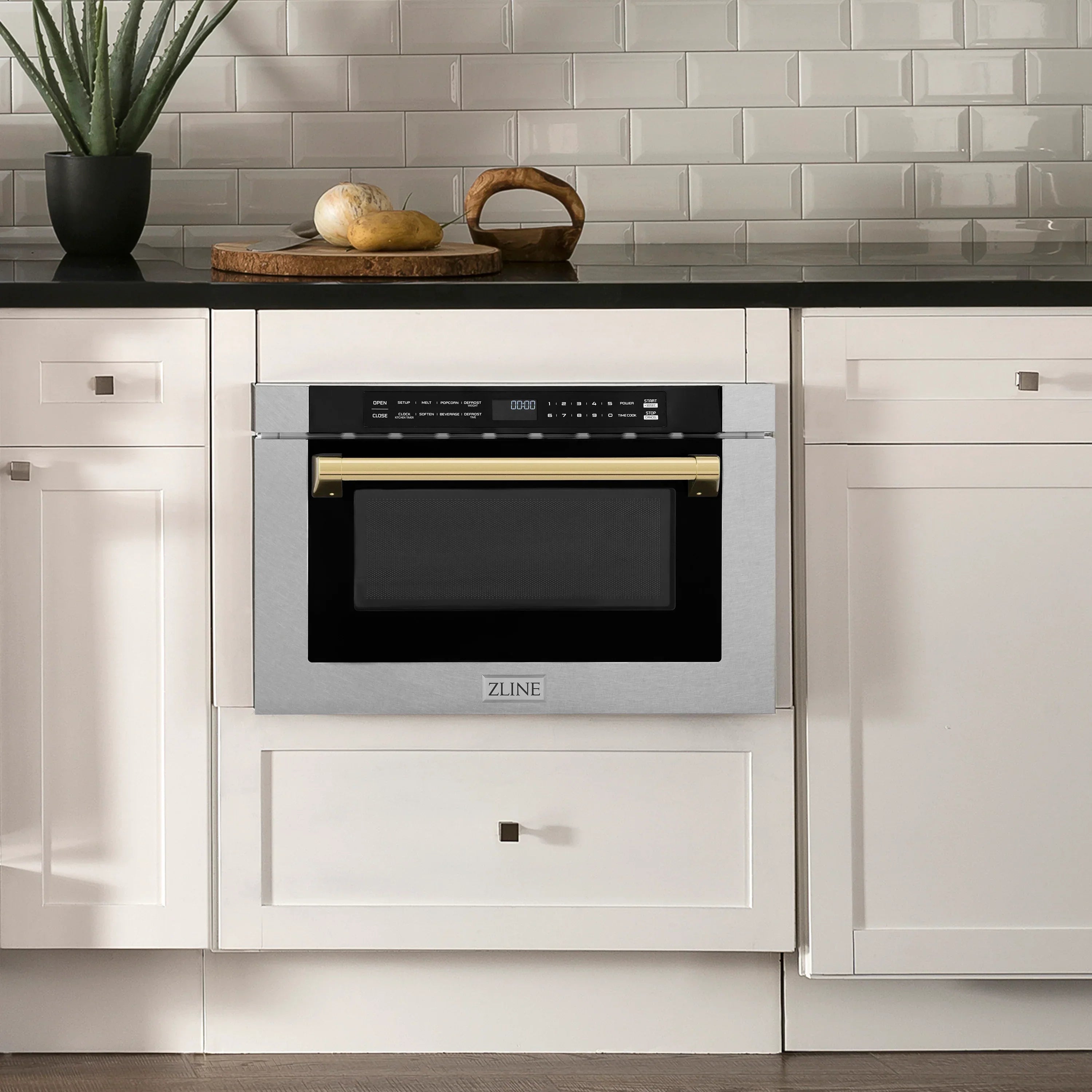 ZLINE Autograph 24" 1.2 cu. ft. Built-in Microwave Drawer with a Traditional Handle in Satin Stainless Steel and Polished Gold Accents, MWDZ-1-SS-H-G