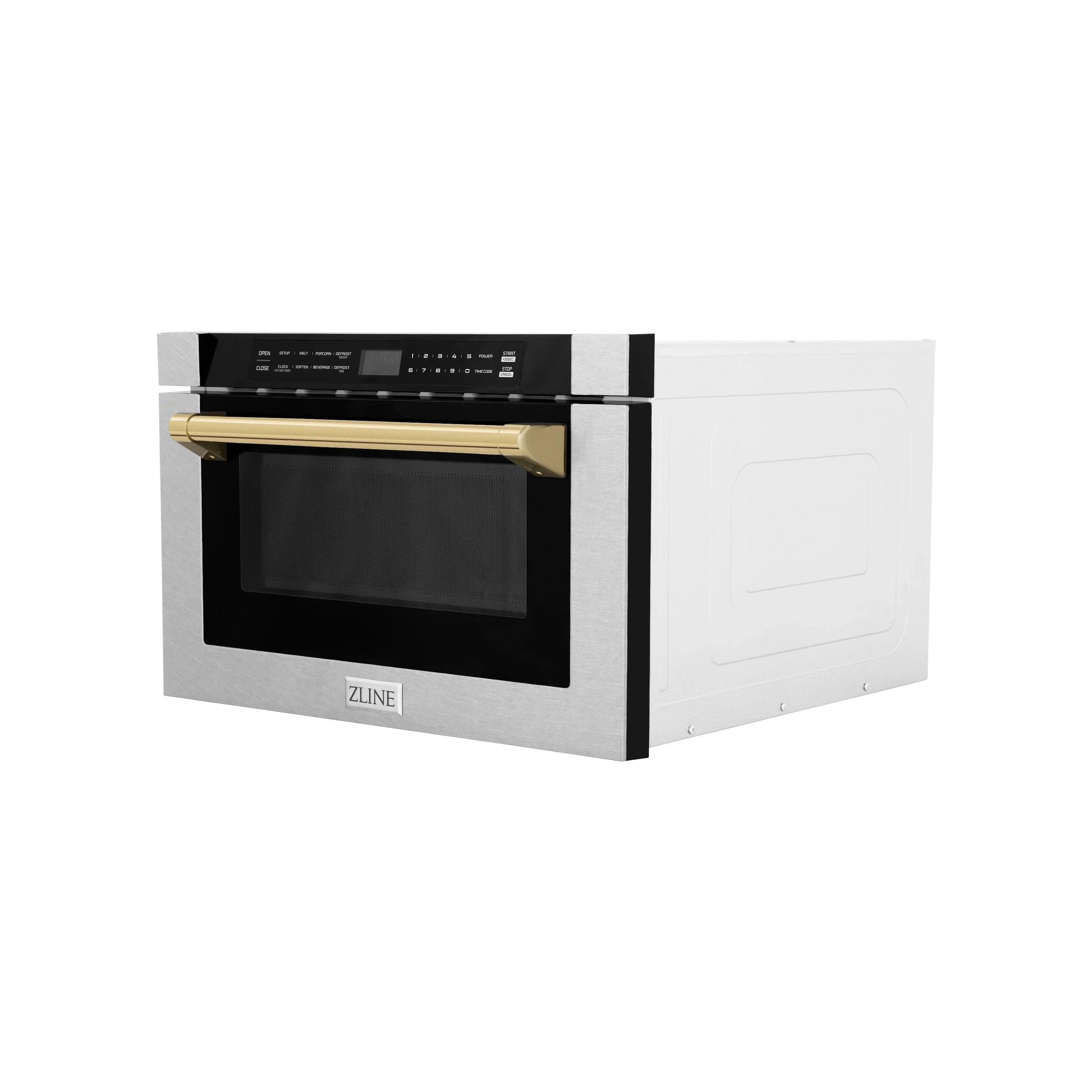 ZLINE Autograph 24" 1.2 cu. ft. Built-in Microwave Drawer with a Traditional Handle in Satin Stainless Steel and Polished Gold Accents, MWDZ-1-SS-H-G