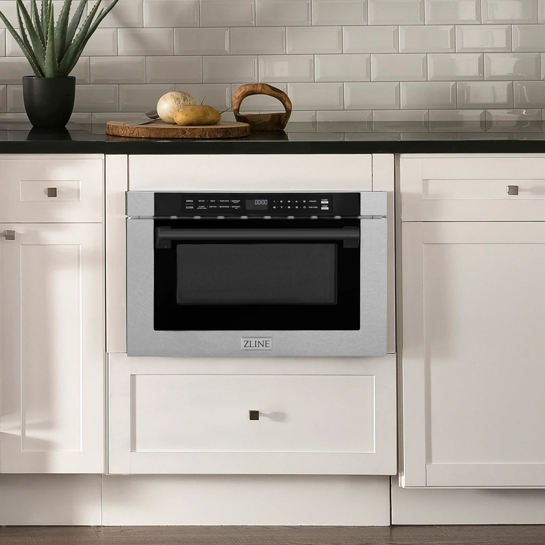 ZLINE Autograph 24" 1.2 cu. ft. Built-in Microwave Drawer with a Traditional Handle in Satin Stainless Steel and Matte Black Accents, MWDZ-1-SS-H-MB