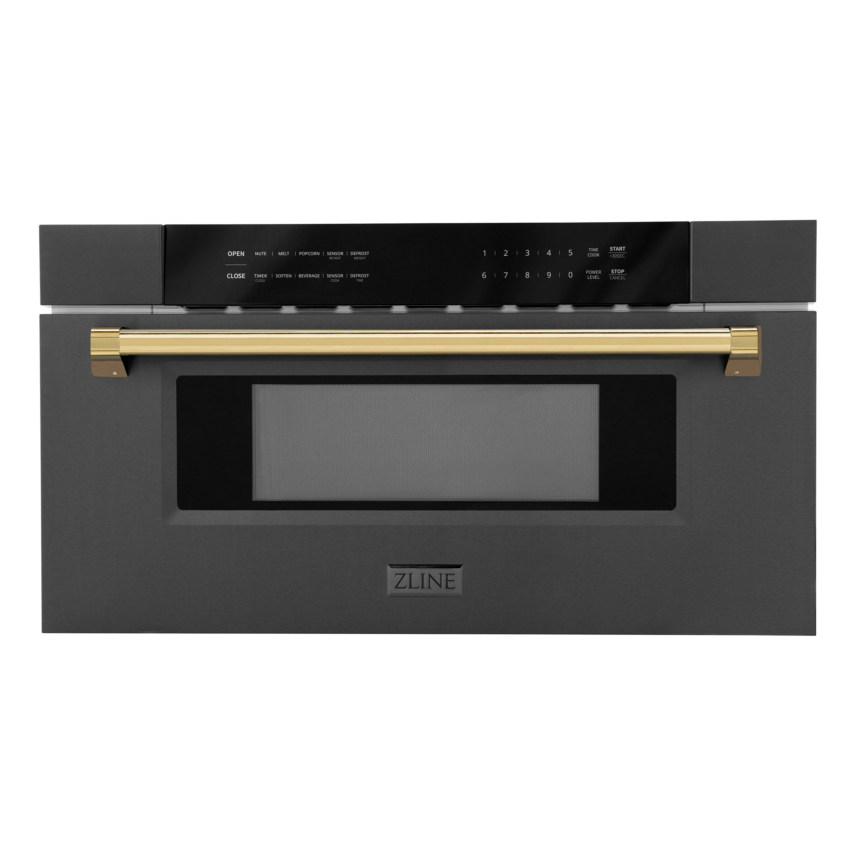ZLINE Autograph Package - 48" Dual Fuel Range, Range Hood, Refrigerator with Water and Ice Dispenser, Microwave and Dishwasher in Black Stainless Steel with Gold Accents