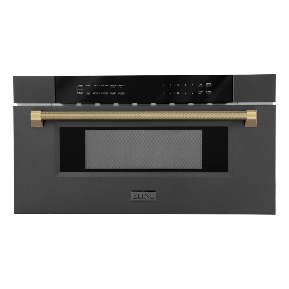 ZLINE Autograph 30" 1.2 cu. ft. Built-in Microwave Drawer in Black Stainless Steel and Champagne Bronze Helix Handle, MWDZ-30-BS-KCB