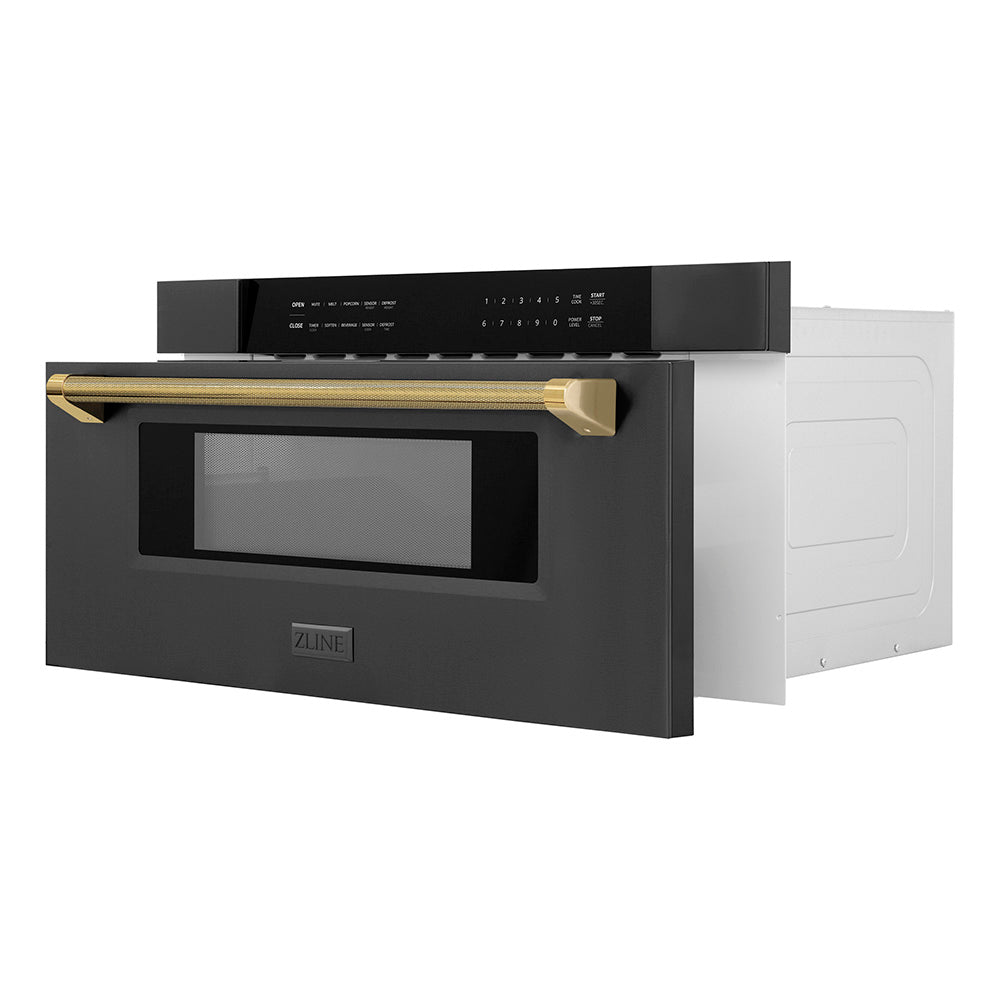 ZLINE Autograph 30" 1.2 cu. ft. Built-in Microwave Drawer in Black Stainless Steel and Polished Gold Helix Handle, MWDZ-30-BS-KG