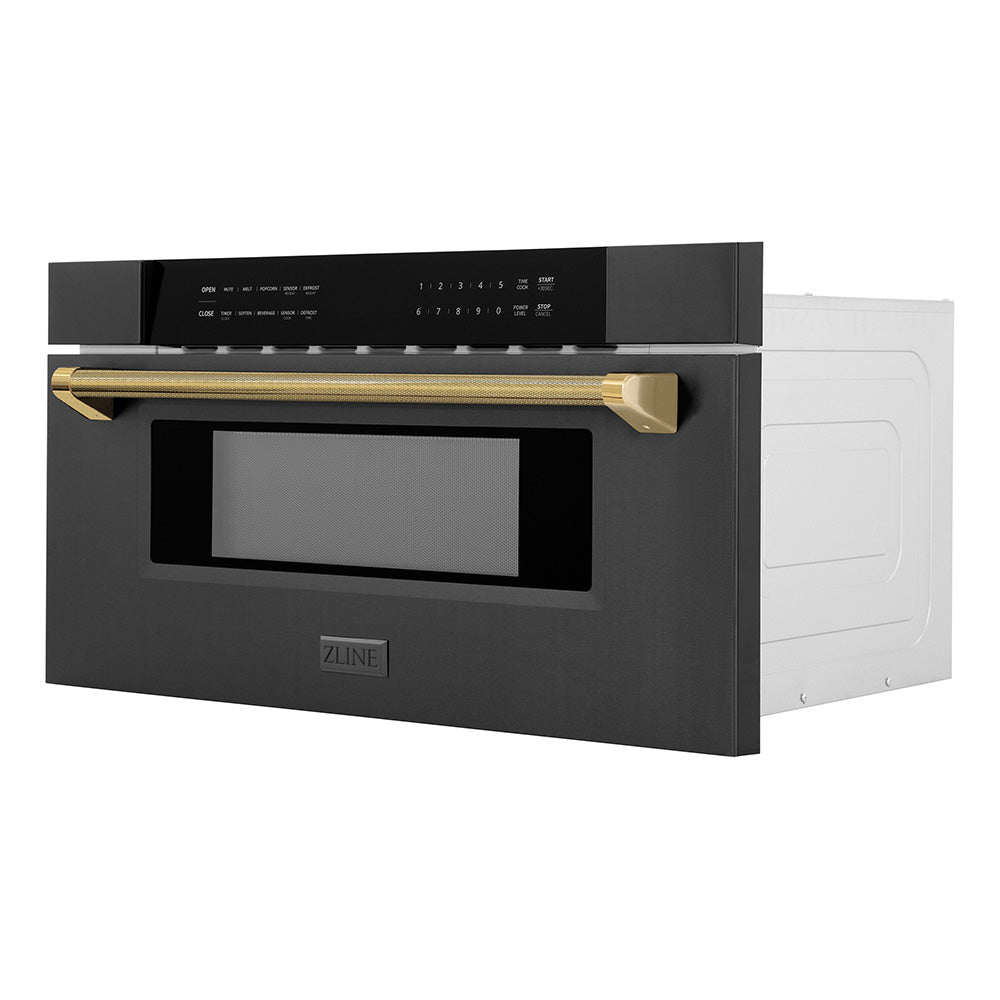ZLINE Autograph 30" 1.2 cu. ft. Built-in Microwave Drawer in Black Stainless Steel and Polished Gold Helix Handle, MWDZ-30-BS-KG