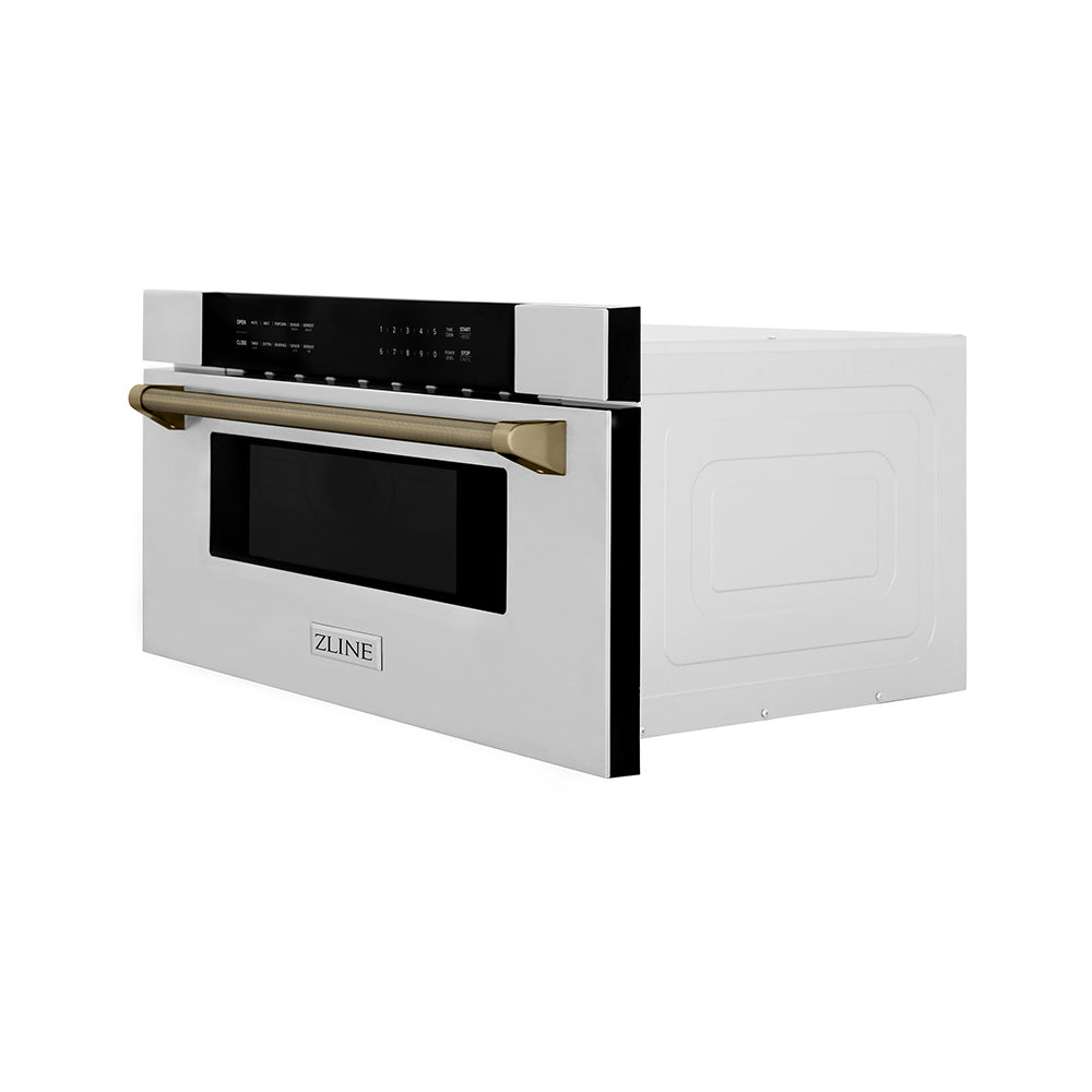 ZLINE Autograph 30" 1.2 cu. ft. Built-in Microwave Drawer in Stainless Steel and Champagne Bronze Helix Handle, MWDZ-30-KCB