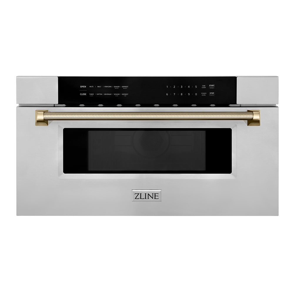 ZLINE Autograph 30" 1.2 cu. ft. Built-in Microwave Drawer in Stainless Steel and Polished Gold Helix Handle, MWDZ-30-KG