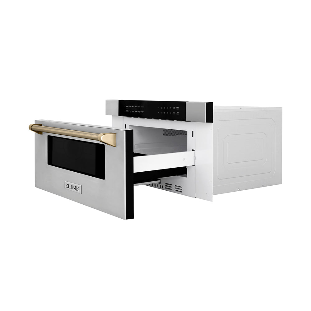ZLINE Autograph 30" 1.2 cu. ft. Built-in Microwave Drawer in Stainless Steel and Polished Gold Helix Handle, MWDZ-30-KG