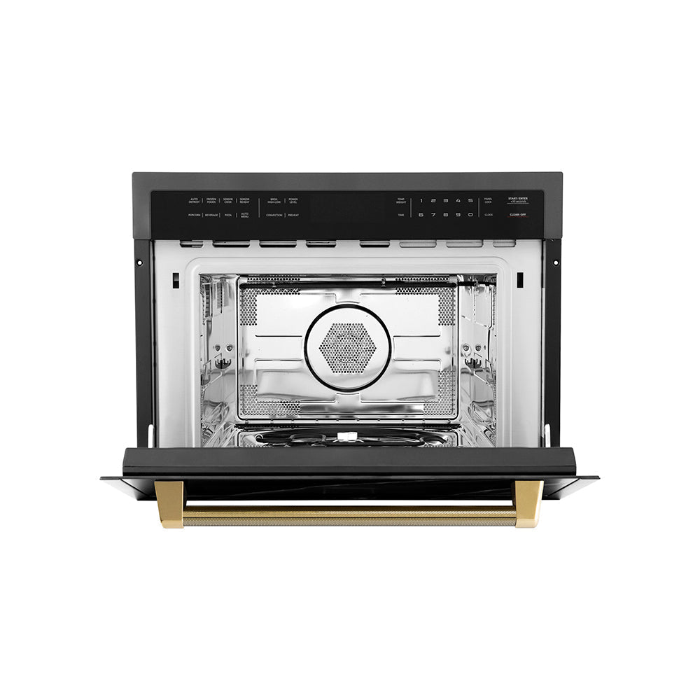 ZLINE Autograph 24" 1.6 cu ft. Built-in Convection Microwave Oven in Black Stainless Steel and Polished Gold Helix Handle, MWOZ-24-BS-KG