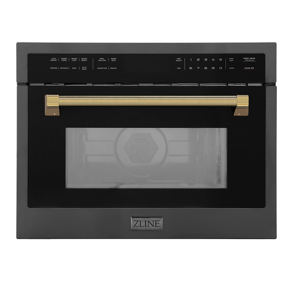 ZLINE Autograph 24" 1.6 cu ft. Built-in Convection Microwave Oven in Black Stainless Steel and Polished Gold Helix Handle, MWOZ-24-BS-KG