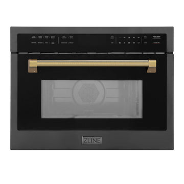 ZLINE Autograph 24" 1.6 cu ft. Built-in Convection Microwave Oven in Black Stainless Steel and Polished Gold Helix Handle, MWOZ-24-BS-KG