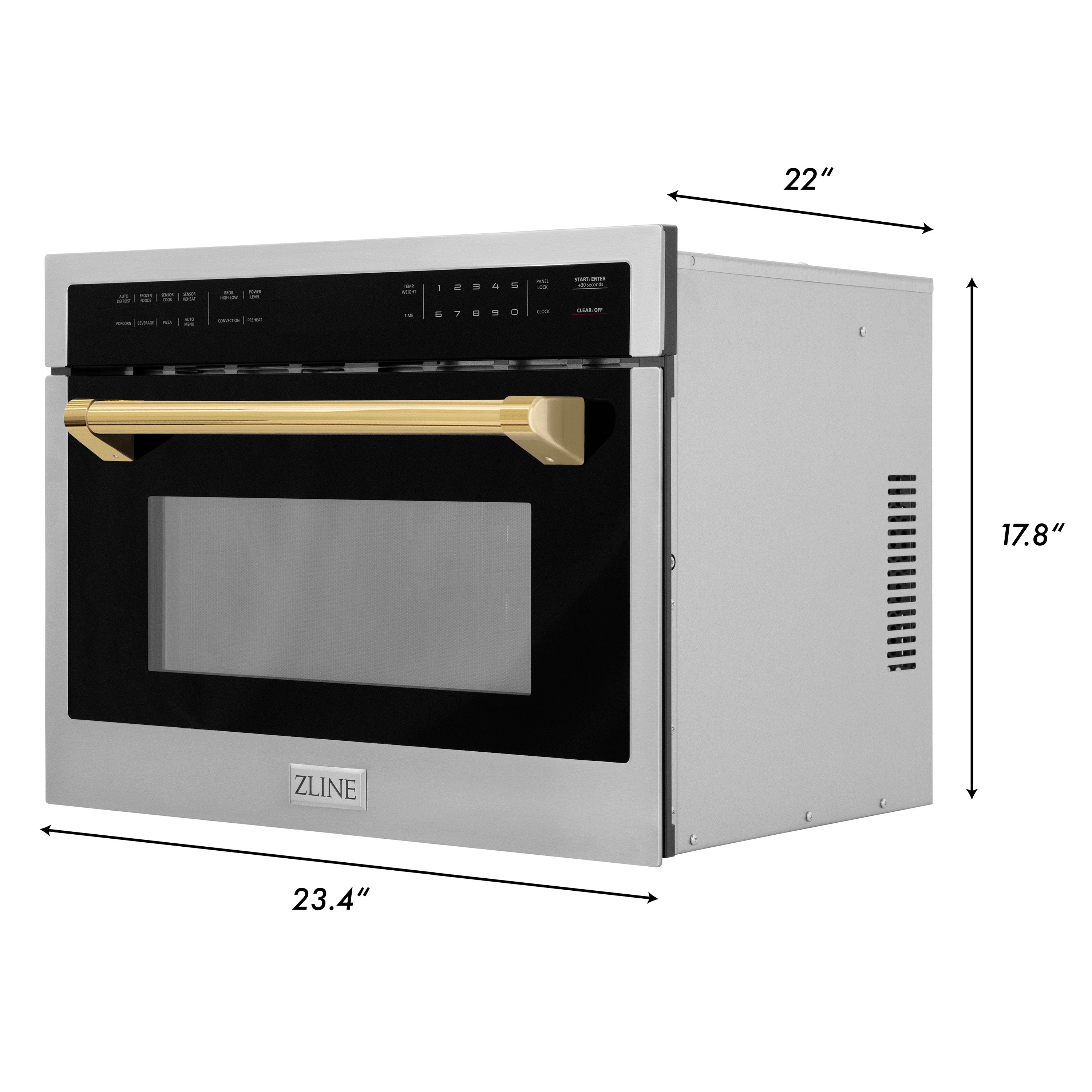 ZLINE Autograph 24" 1.6 cu ft. Built-in Convection Microwave Oven in Satin Stainless Steel with Polished Gold Accents, MWOZ-24-SS-G