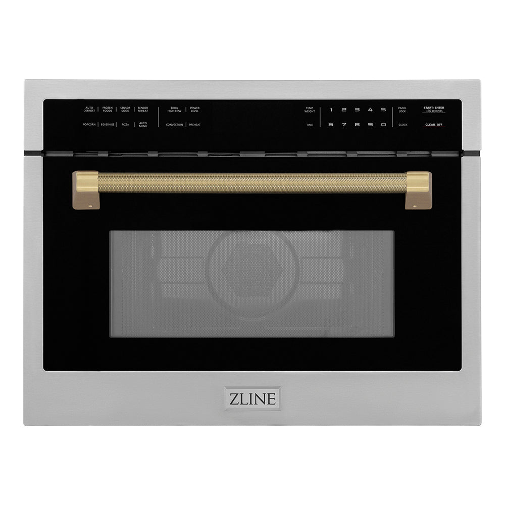 ZLINE Autograph 24" 1.6 cu ft. Built-in Convection Microwave Oven in Stainless Steel and Champagne Bronze Helix Handle, MWOZ-24-KCB