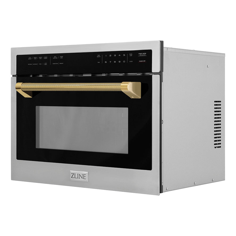ZLINE Autograph 24" 1.6 cu ft. Built-in Convection Microwave Oven in Stainless Steel and Polished Gold Helix Handle, MWOZ-24-KG