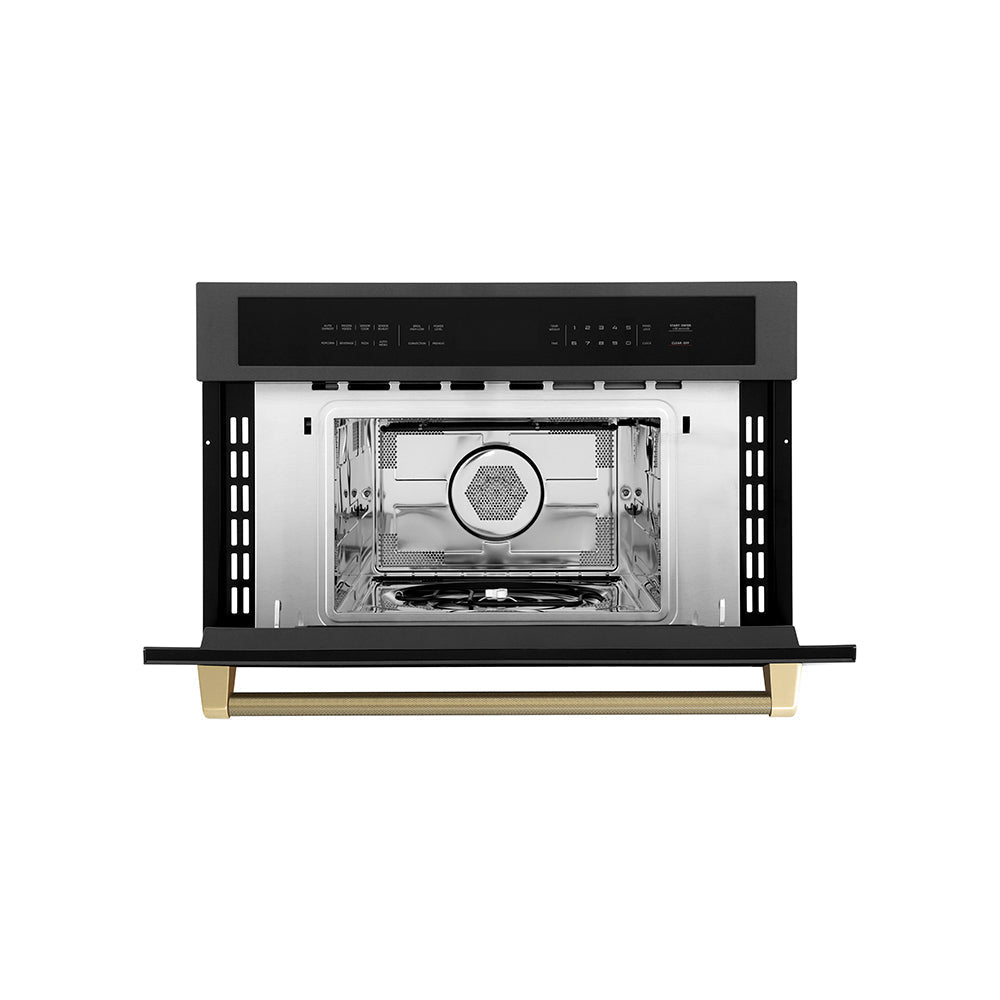 ZLINE Autograph 30" 1.6 cu ft. Built-in Convection Microwave Oven in Black Stainless Steel and Champagne Bronze Helix Handle, MWOZ-30-BS-KCB