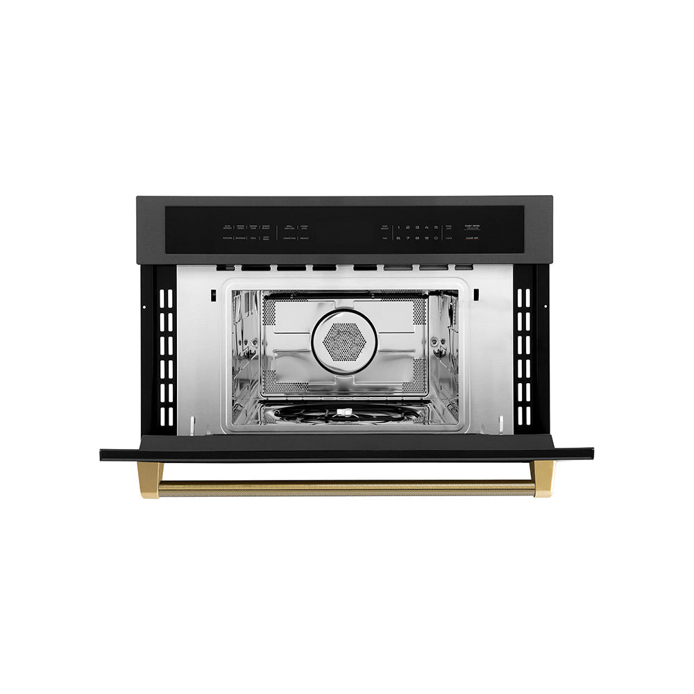 ZLINE Autograph 30" 1.6 cu ft. Built-in Convection Microwave Oven in Black Stainless Steel and Polished Gold Helix Handle, MWOZ-30-BS-KG